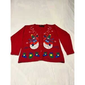 In Resource Womens Red Snowman Embroidered Holiday Cardigan Sweater Medium